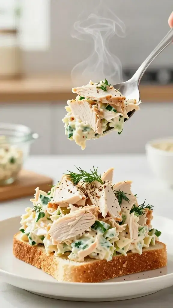 Cooking process/finishing: Spoons lifting a scoop of dressed chicken salad into a sandwich stack, garnished with dill and cracked pepper, steam hints, bright kitchen light.