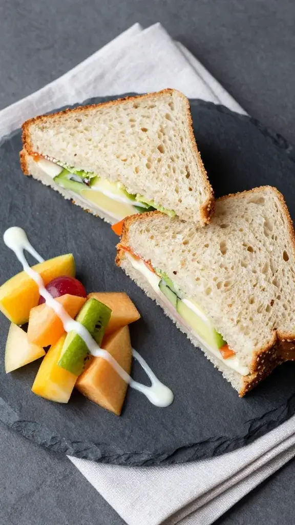 Serving moment/alternate presentation: Sandwich halves fanned on a slate board with a side of fruit salad, light napkin, minimal white sauce drizzle on plate for contrast.
