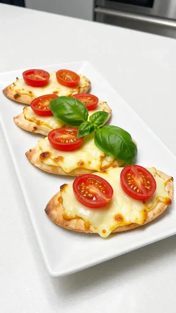 Beautifully plated cheese and tomato flatbread slices on a white rectangular plate, melted cheese edges golden, fresh basil garnish, bright natural light, clean kitchen counter backdrop