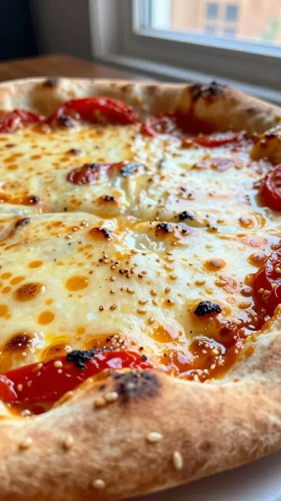 Close-up detail of bubbling cheese and caramelized tomato edges on flatbread, crackly crust, sesame seeds lightly toasted, shallow depth of field, warm window light