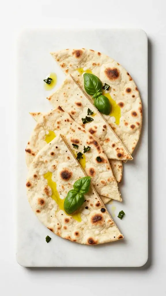 Overhead shot of a ready-to-serve flatbread platter with multiple slices on a marble surface, drizzle of olive oil, scattered torn basil leaves, minimalistic white background