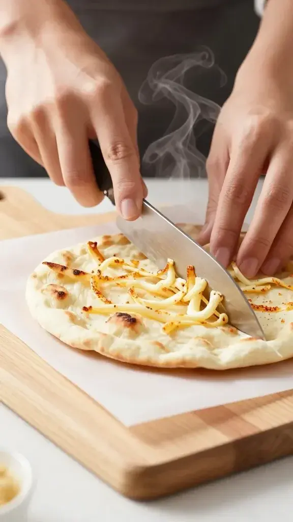 Serving moment: hands slicing a finished flatbread on parchment, steam rising, crisp cheese strings, light wood board, bright, inviting food blog style