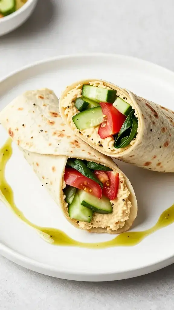 Beautifully plated Veggie Hummus Wraps cut in half to reveal vibrant cucumber, tomato, and spinach, placed on a white ceramic plate with olive drizzled around, bright natural light