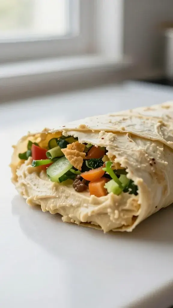 Close-up detail of a wrap being assembled, creamy hummus layer visible with crisp veggie fillings, tight shallow depth of field, soft window light, clean kitchen counter