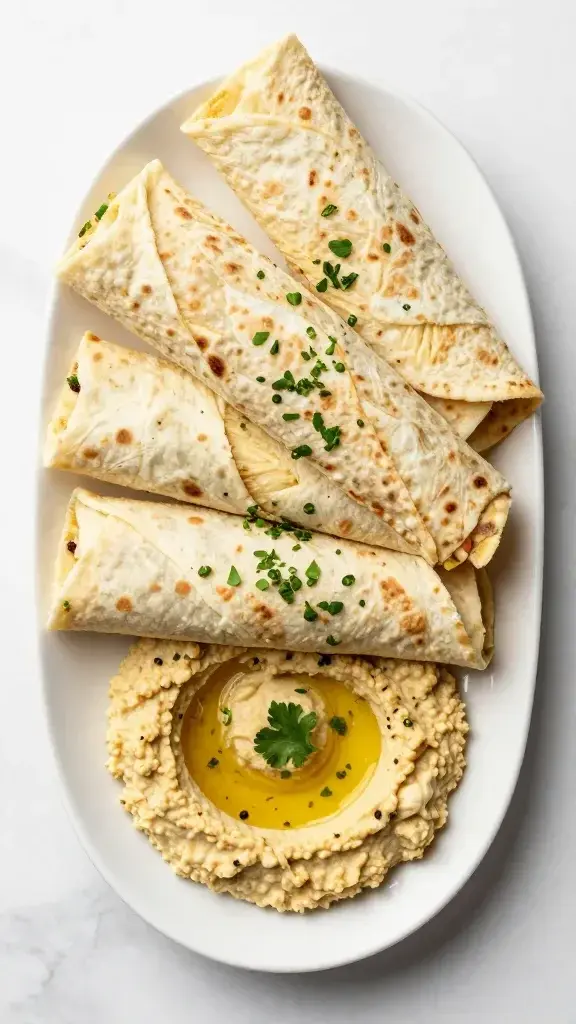 Overhead/top-down shot of a platter of Veggie Hummus Wraps arranged in a fan, fresh herbs scattered, subtle marble background, vibrant colors emphasized