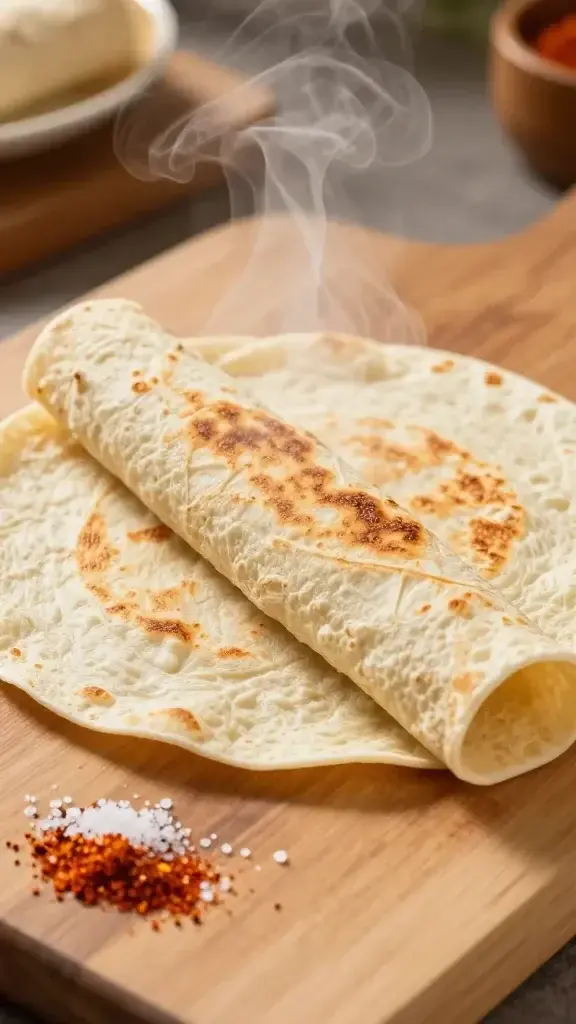 Cooking process shot of toasting tortilla wraps just enough to add a golden edge, steam rising, pinch of sea salt and paprika nearby, warm kitchen lighting