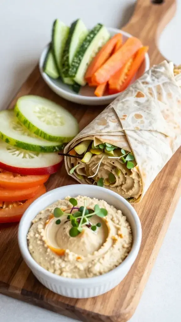 Serving moment showing a wrapped half on a wooden board with a dipping bowls of extra hummus and sliced veggies, garnish of microgreens, inviting daytime dining vibe
