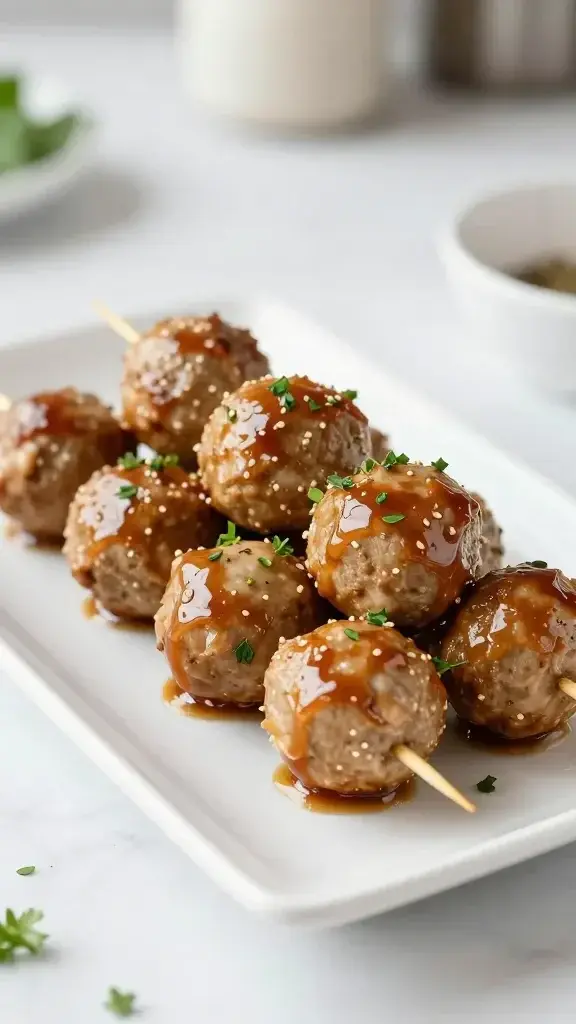 Beautifully plated turkey meatball skewers on a white rectangular plate, glossy glaze, fresh herb garnish, bright natural light, clean kitchen backdrop, shallow depth of field