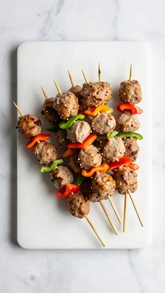 Overhead/top-down shot of a serving board with multiple turkey meatball skewers arranged in a fan, colorful bell pepper bits, light marble surface, minimal props