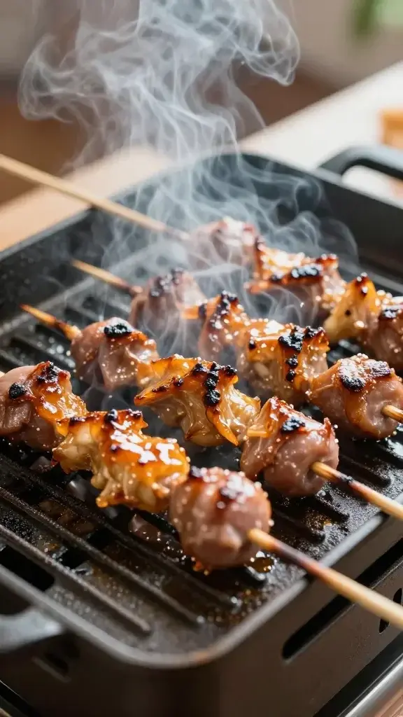 Cooking process shot of skewers sizzling on a grill pan, steam rising, glossy glaze forming, natural kitchen light, focused on texture and sear