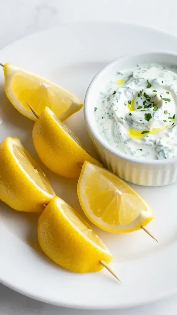 Serving moment: skewers plated with lemon wedges and a side of creamy yogurt-dill dip, drizzled oil, fresh herbs, clean white plate, inviting close-up texture