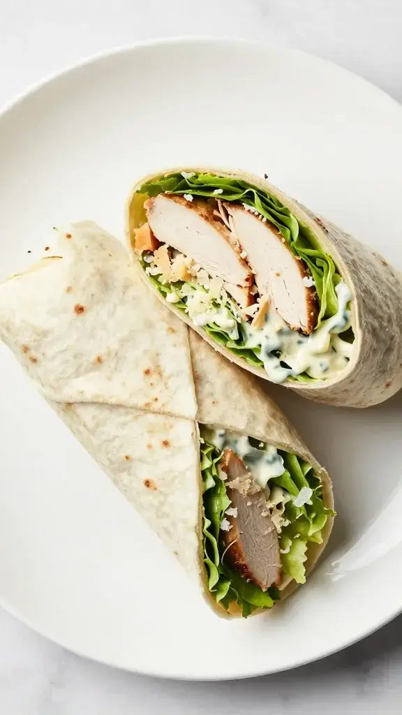 Overhead shot of a freshly assembled Chicken Caesar Wrap sliced in half on a clean white plate, revealing crisp lettuce, sliced chicken, creamy Caesar sauce, and parmesan shavings, bright natural light