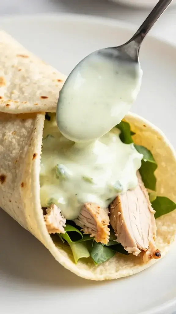 Close-up detail of a wrap filling being spooned with Caesar dressing onto a tortilla, highlighting creamy texture, juicy chicken, and greens, shallow depth of field