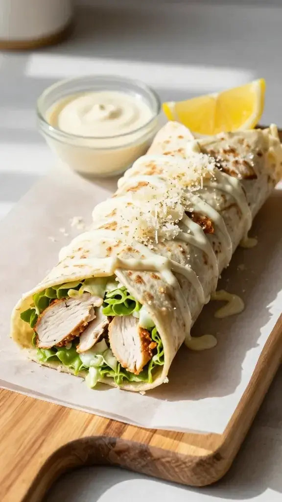Final plated dish: neatly wrapped Chicken Caesar Wraps on a parchment-lined wooden board, drizzle of dressing, lemon wedge, and a sprinkle of parmesan, sunny kitchen light