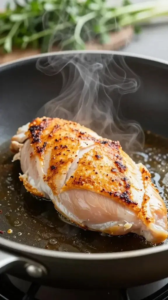 Cooking process shot: chicken breast being seared in a hot pan with golden crust, herbs in the background, steam rising, controlled, appetizing lighting