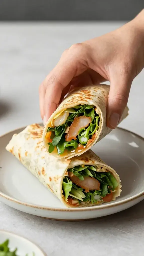 Serving moment: hand presenting a cut wrap on a small ceramic plate with a finger-friendly bite exposed, crisp tortilla edges, fresh greens, and a hint of dressing sheen