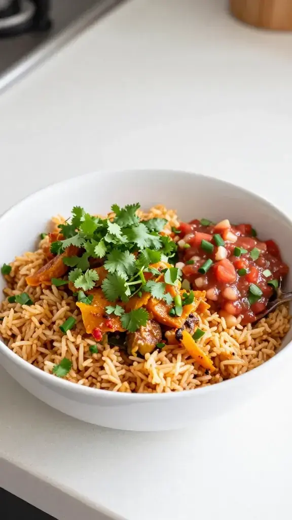Beautifully plated Taco Rice Bowl in a white ceramic bowl, fluffy rice base under bright taco toppings, fresh cilantro, spoonful of salsa on the side, natural light, clean kitchen counter