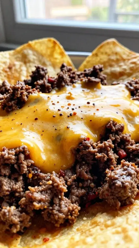 Close-up detail of golden-browned ground beef seasoned with taco spices, melted cheese bubbling on top, crisp tortilla bits, shallow depth of field, warm window light