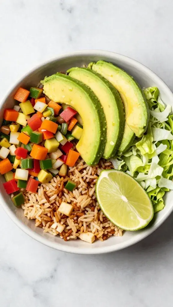 Overhead/top-down shot of the assembled Taco Rice Bowl with colorful diced veggies, avocado slices, lime wedge, and shredded lettuce arranged in a glossy bowl on a marble surface