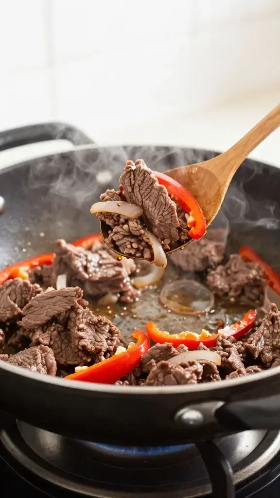 Cooking process shot: spooning seasoned beef into a sizzling skillet with peppers and onions, steam rising, bright kitchen light, focus on texture and glaze