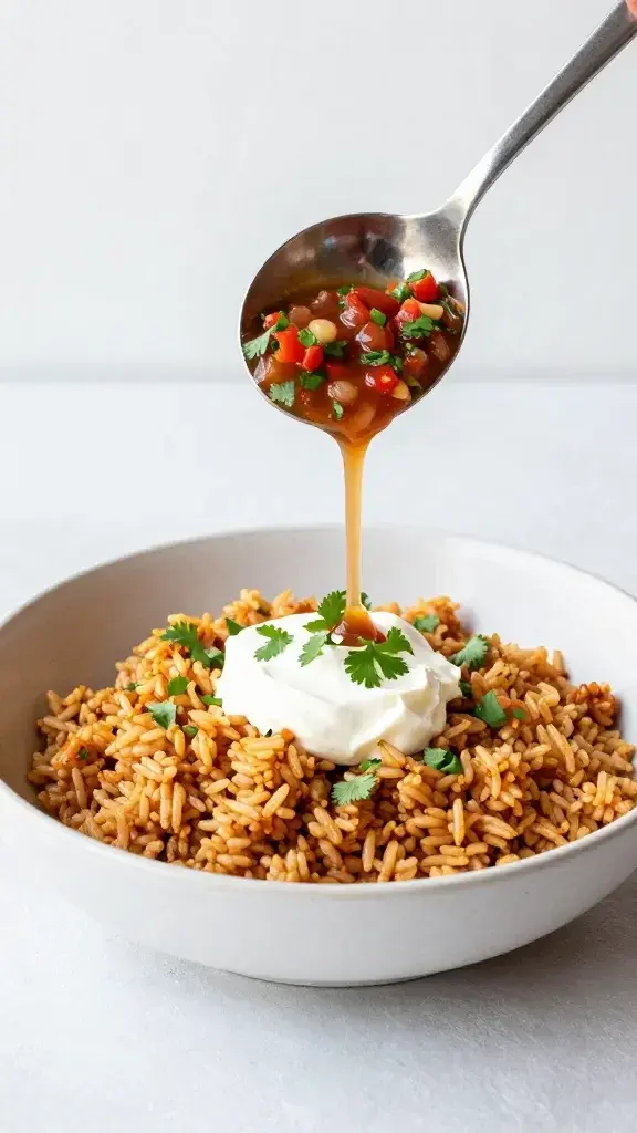 Serving moment: a ladle of finished taco rice bowl being plated with a dollop of sour cream, cilantro garnish, and a drizzle of salsa, minimal props, soft daylight