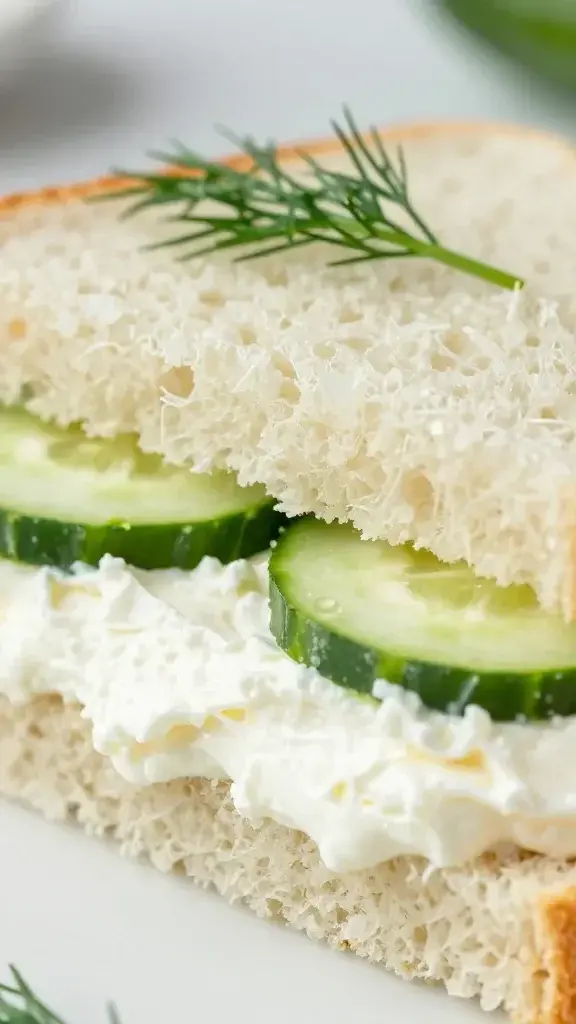 Close-up detail of a cucumber cream cheese sandwich half, creamy filling visible with crisp bread edges, tiny dill sprig garnish, shallow depth of field, soft natural light