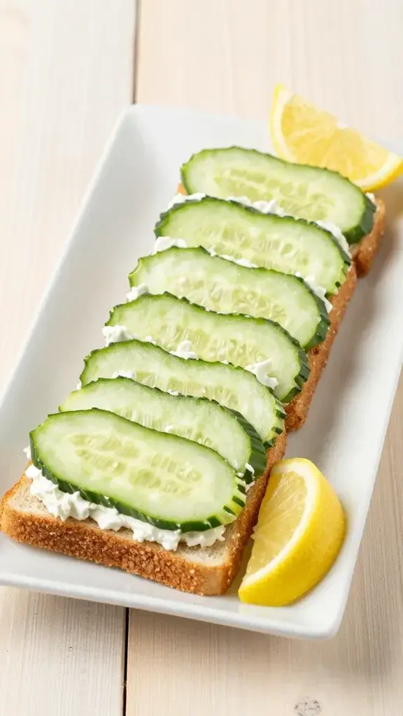 Final plated dish: neatly arranged cucumber cream cheese sandwiches on a white rectangular plate with lemon wedges, light wooden background, bright clean styling