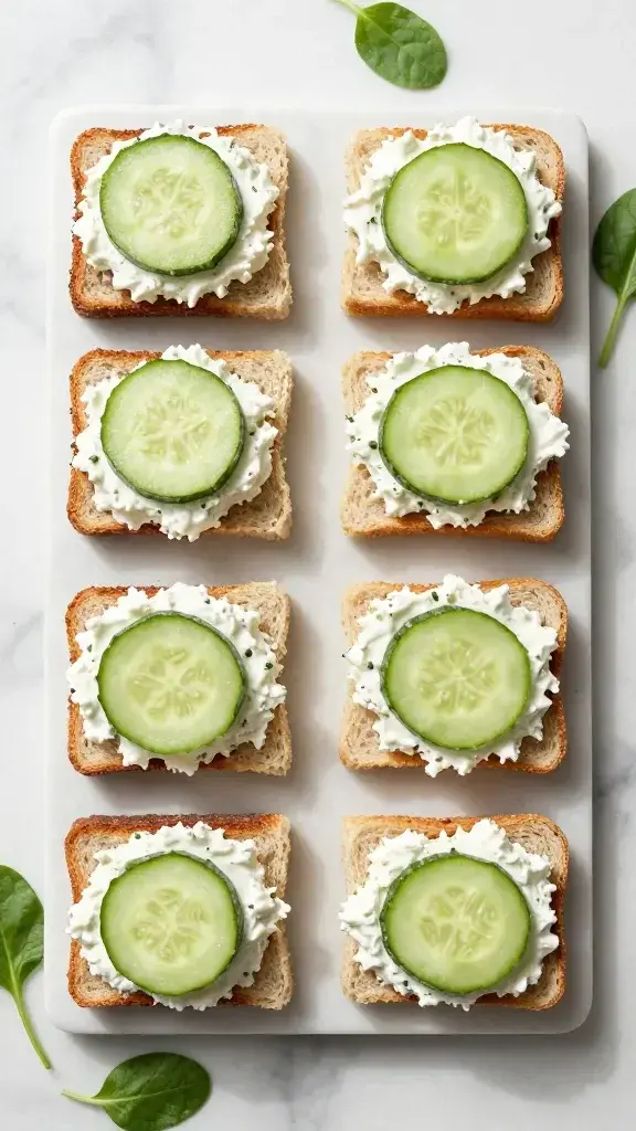 Overhead/top-down shot: platter of bite-sized cucumber cream cheese sandwiches on marble surface, even spacing, fresh greens scattered, diffuse sunlight