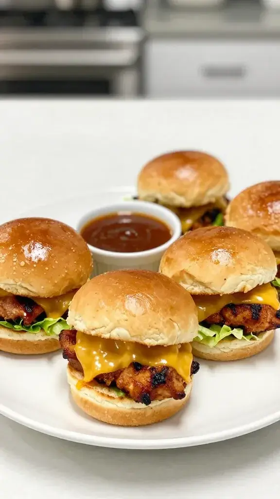 Final plated dish: Beautifully arranged BBQ Chicken Sliders on a white plate with glossy brioche buns, melted cheese, crisp lettuce, and a ramekin of tangy BBQ sauce, bright natural light, clean kitchen backdrop