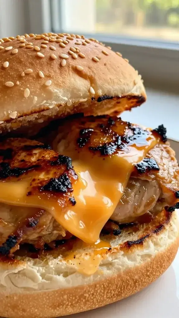 Close-up detail: Juicy grilled chicken in a sliced slider, oozy cheese, smoky caramelization, sesame seeds on bun edge, shallow depth of field, warm natural window light