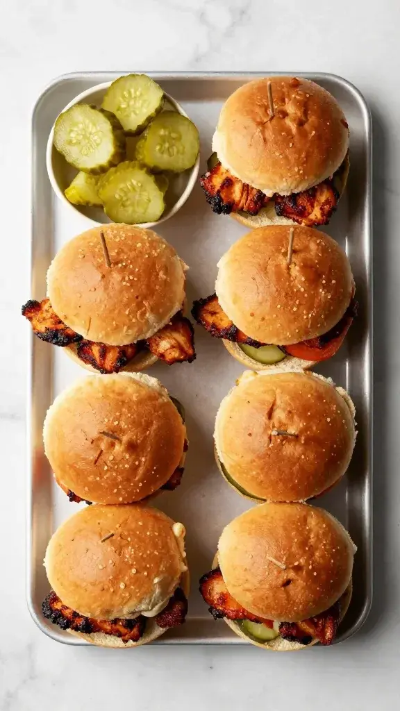 Overhead/top-down shot: Platter of six BBQ chicken sliders with pickles and sides on a marble surface, vibrant colors, balanced composition, editorial food styling