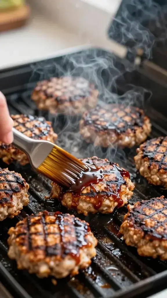 Cooking process shot: Sizzling chicken patties being brushed with BBQ glaze on a hot grill, visible grill marks, steam rising, natural kitchen light, tactile textures