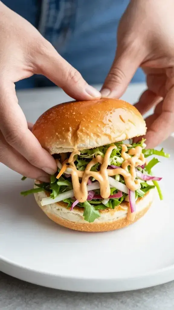 Serving moment: Hands assembling a slider with fresh slaw and sauce drizzle on a bright ceramic board, glossy bun, fresh garnish, inviting texture, soft daylight