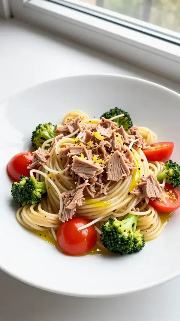 Beautifully plated Tuna Pasta Salad in a white ceramic bowl, vibrant tuna flakes, bright veggies, a drizzle of olive oil and lemon zest, natural window light