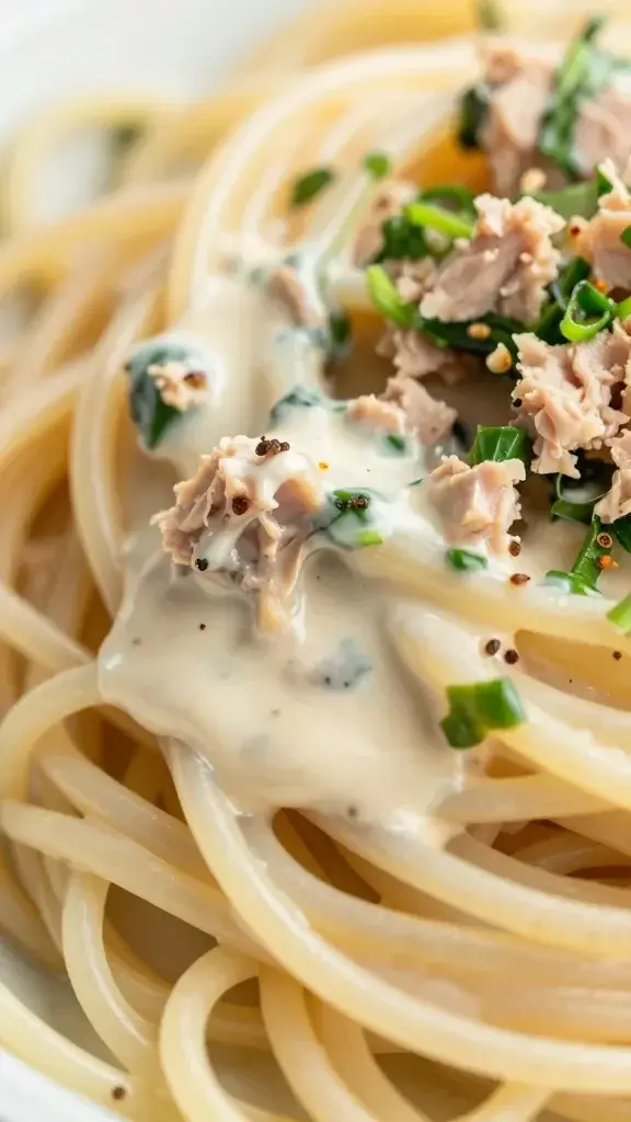 Close-up detail of creamy dressing clinging to al dente pasta, tuna chunks, chopped greens, and pepper flakes, shallow depth of field, soft light
