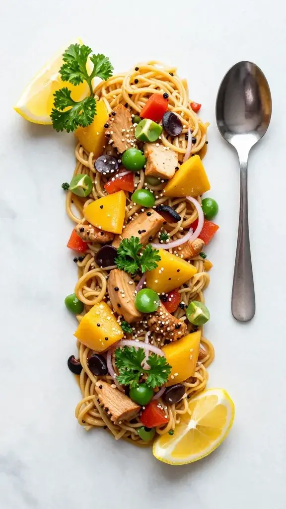 Overhead shot of the final dish arranged with colorful add-ins on a marble surface, garnished with parsley, lemon wedges, and a clean spoon nearby