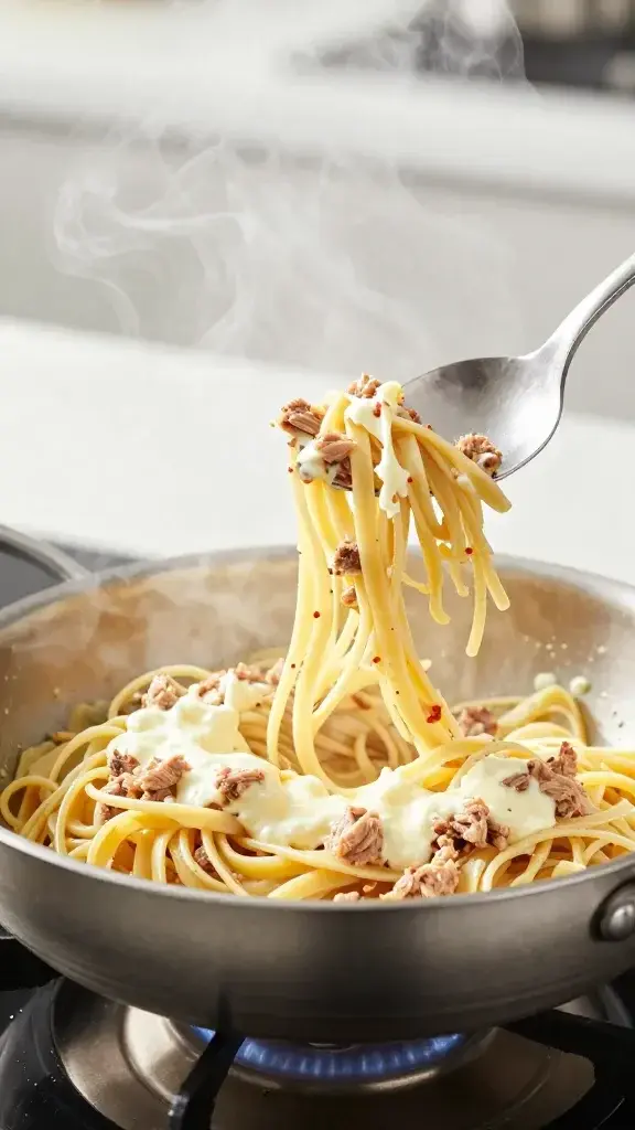 Cooking process shot: tossing hot pasta with tuna and mayonnaise-based dressing in a stainless pan, steam rising, bright kitchen light