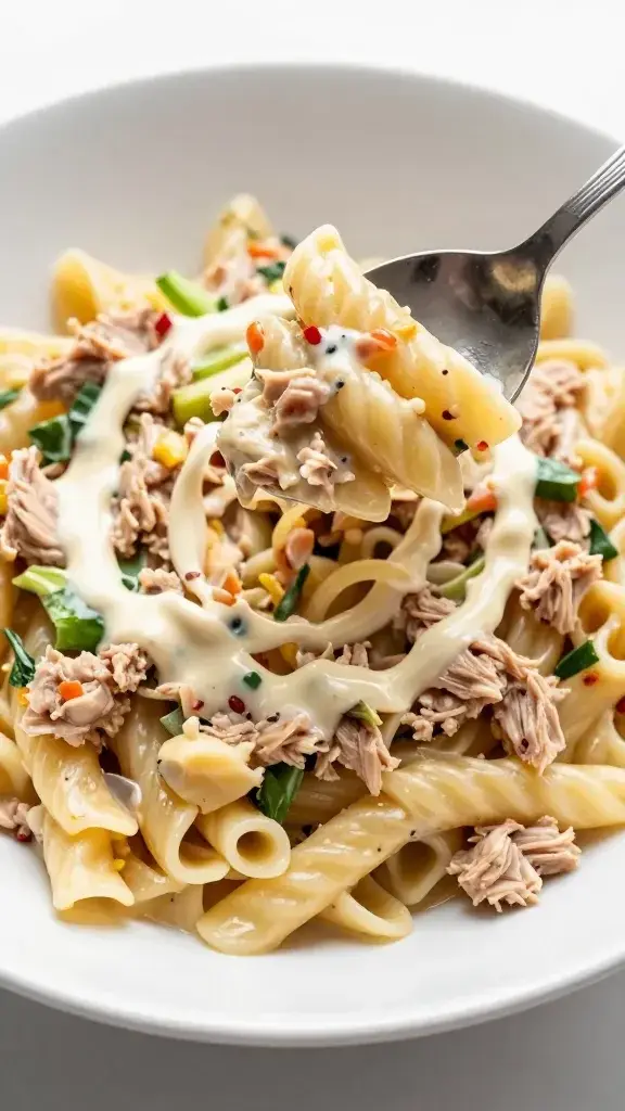 Serving moment: bowl of tuna pasta salad being spooned into a flat-white bowl, a delicate swirl of dressing, crisp vegetables visible, inviting texture