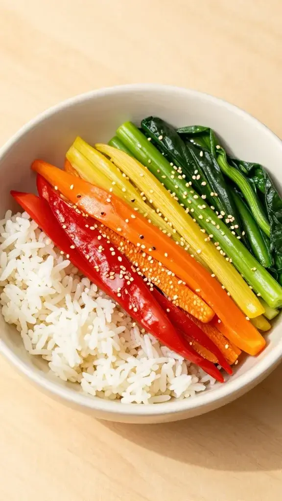 A final plated Rainbow Veggie Rice Bowl served in a shallow cream bowl on a light wood surface, vibrant veggies arranged in arcs, sesame garnish, bright natural light