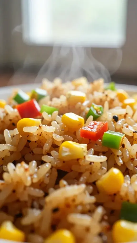 Close-up detail of the fluffy, golden-tried rice with colorful diced vegetables, visible steam, crisp-edged peppers and corn kernels, shallow depth of field, soft window light