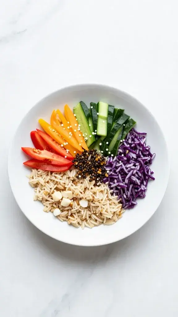 Overhead/top-down shot of the Rainbow Veggie Rice Bowl on a white plate, toppings fanning out in a rainbow, clean marble background, minimal props