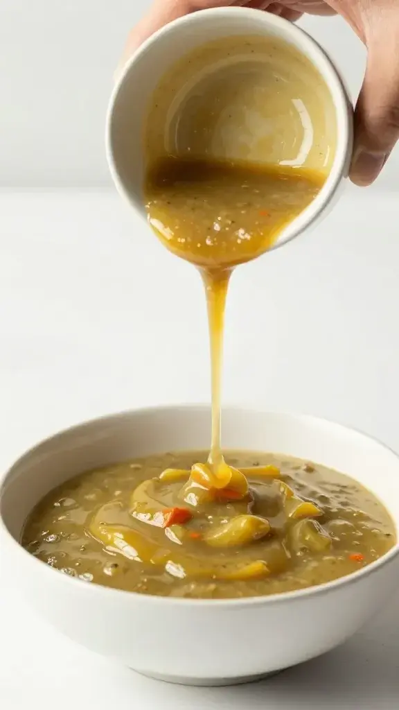 Serving moment showing a hand drizzling a tangy sauce over the finished bowl, drizzle captured mid-flow, texture of melted veggie glaze, bright daylight, uncluttered backdrop