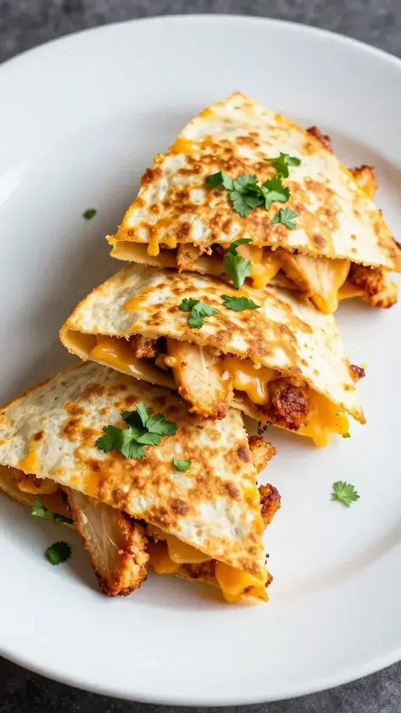 Final plated dish: A vibrant chicken quesadilla sliced into triangular wedges on a white modern plate, melted cheese visible, cilantro garnish, bright natural light highlighting golden crust and steam.