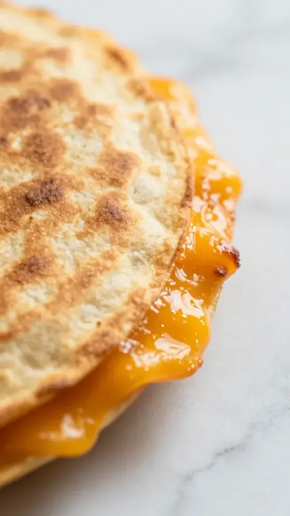 Close-up texture/detail shot: Close view of crispy quesadilla edge with bubbling cheese strands, faux sunlit sheen, shallow depth of field, soft marble backdrop.