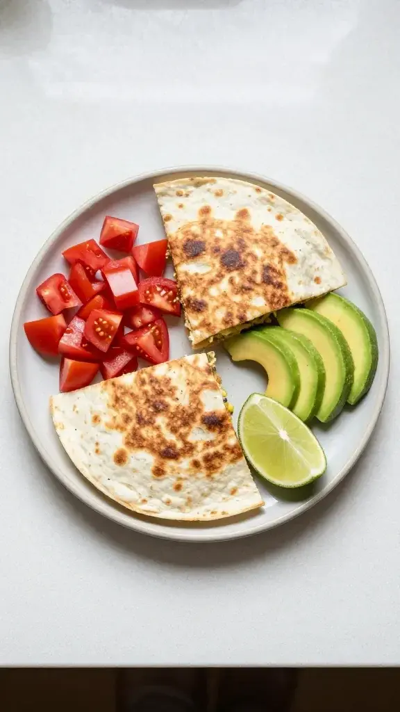 Overhead/top-down shot: Flat lay of assembled quesadilla pieces on a round ceramic plate with diced tomatoes, avocado slices, and a lime wedge, clean kitchen counter in background.