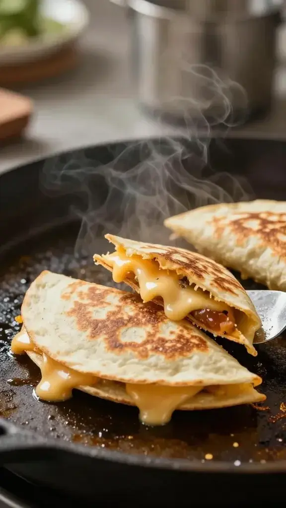Cooking process shot: Quesadilla sizzling on a hot skillet, cheese melting along the edge, spatula lifting a crisp corner, warm skillet tones and steam rising.