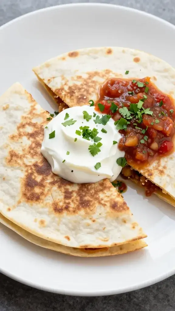 Serving moment: Quesadilla halves on a white plate with a dollop of sour cream and a sprinkle of chopped cilantro, drizzle of salsa on the side, inviting bite-ready presentation.