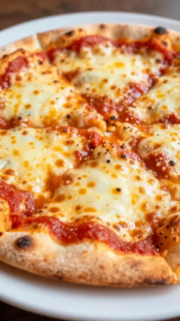 Close-up detail of a mini pita pizza showing melted cheese, bubbling edges, and bright tomato sauce, shallow depth of field, warm natural daylight on a white plate.