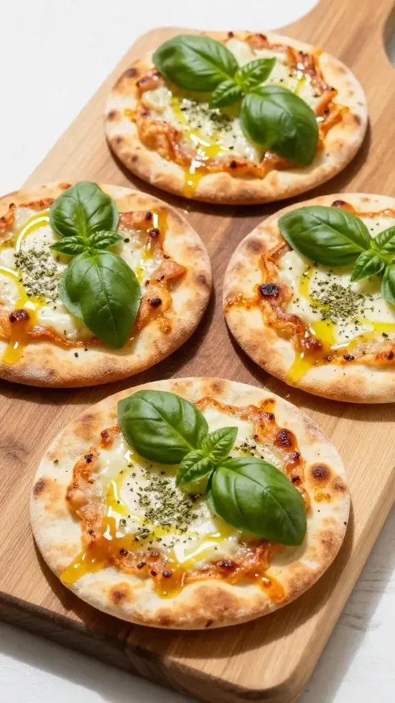 Beautifully plated mini pita pizzas arranged on a wooden board with fresh basil, olive oil drizzle, and a sprinkle of oregano, high-contrast natural light.