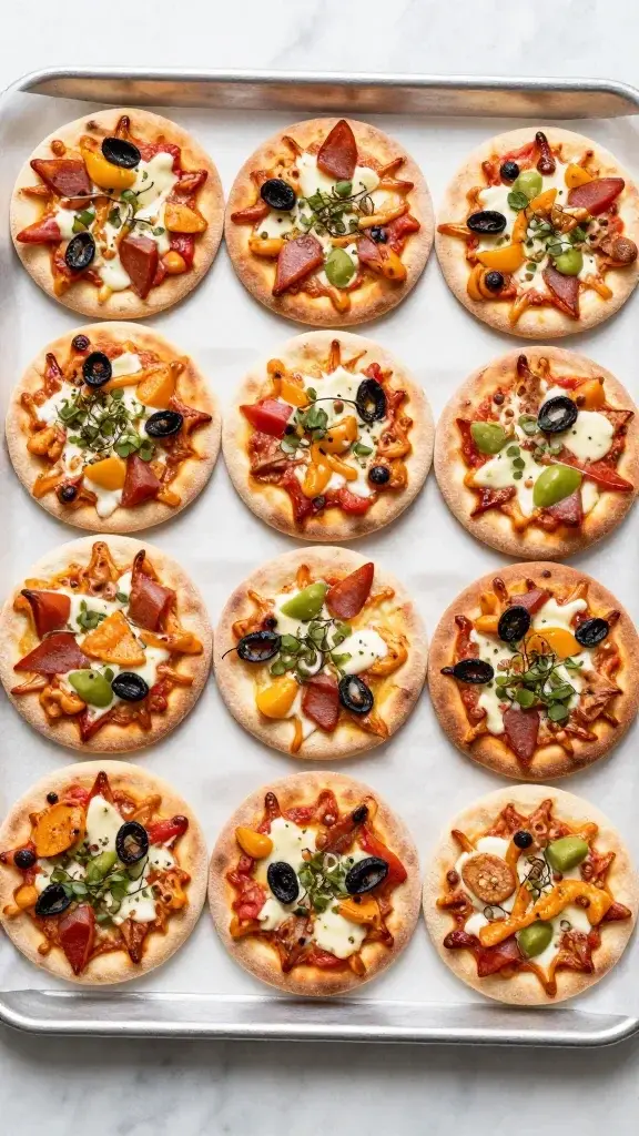 Overhead shot of a tray of mini pita pizzas on parchment, showing evenly baked crusts, colorful toppings, and crisp edges against a clean marble surface.